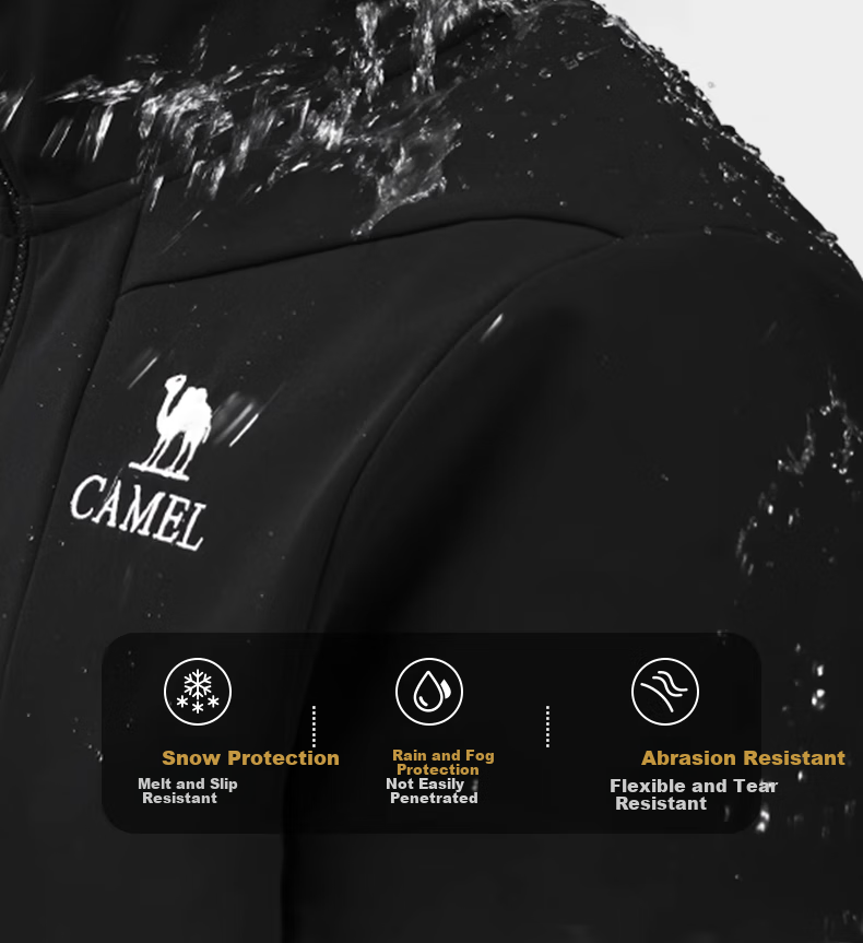 CAMEL Outdoor Integrated Hooded Soft Shell Jacket for Women, Loose-Fitting Top, Water-Repellent, Water-Resistant, Fleece-Lined Coat for Men A14CZ01786 7