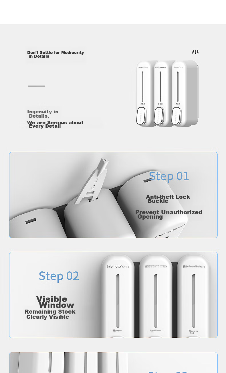 Interhasa! Three-Head Soap Dispenser Wall-Mounted Hand Soap Holder, Hotel Shower Gel Dispenser, Refill Bottle Pump F7020 11