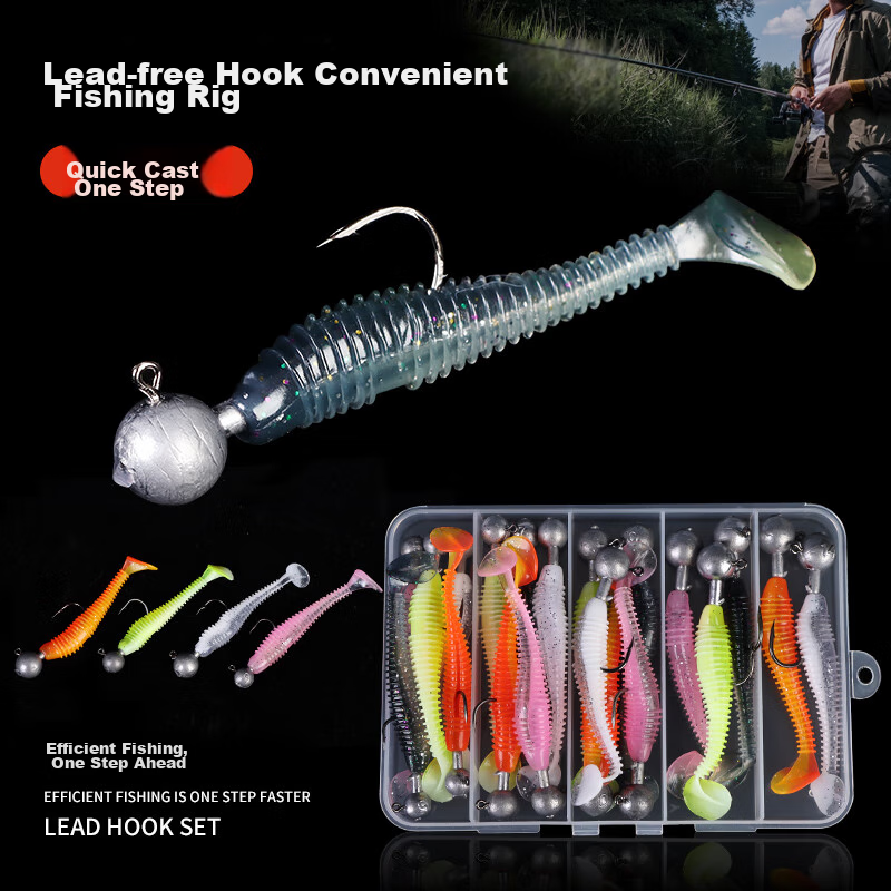 Xionghuo Lure Fishing Bait, Lead Head Hook, T-Tail Soft Bait, Artificial Bait, Bass Hook, 3.5g/5g/10g Mixed Fishing Set