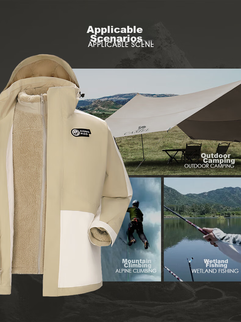 CAMEL Triple-Protection Windbreaker, Oil-Resistant And Waterproof, Three-In Mountaineering Jacket ATR036 Phantom Black, Men's And Women's Styles XS 11