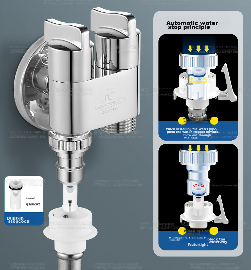 Submarine F408M One-In Three-Way Angle Valve, Brass Double Handle Double Control, 1/2 Inch / 3/8 Inch Universal, with Water Stop Needle, Gun Gray Color 13