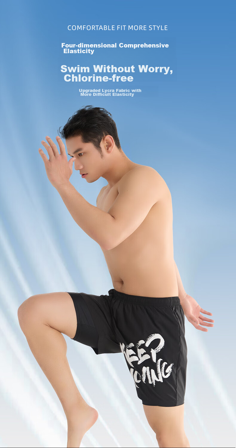 ANTA Men's Swim Shorts, Double-Layer Anti-Embarrassment, Knee-Length Professional Swim Trunks, Quick-Drying, Hot Spring, Men's Beach Style, Black, 3XL 6