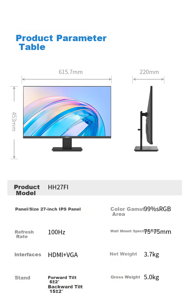 HPC 27-Inch FHD IPS High-Definition Computer Monitor, 100Hz Refresh Rate, 99% SRGB Wide Color Gamut, Wall-Mountable, Ultra-Thin Bezel, Home And Office Computer Display HH27FI 4