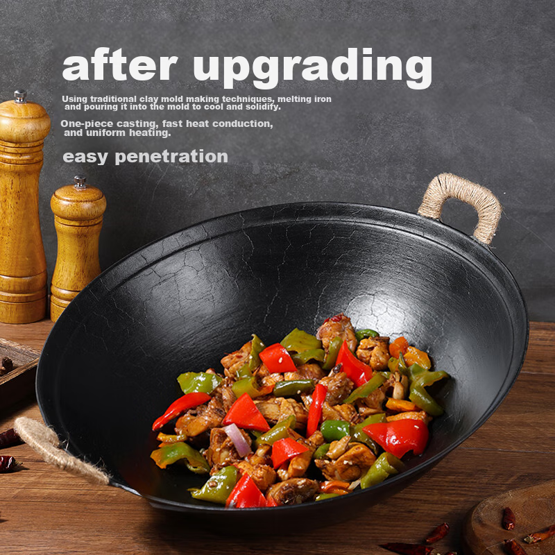 Jincun Cast Iron Wok, Uncoated Stir-Fry Pan, Stew Pot, Non-Stick, Home Use, Round Bottom, Double Handles, Authentic Raw Iron, 38cm