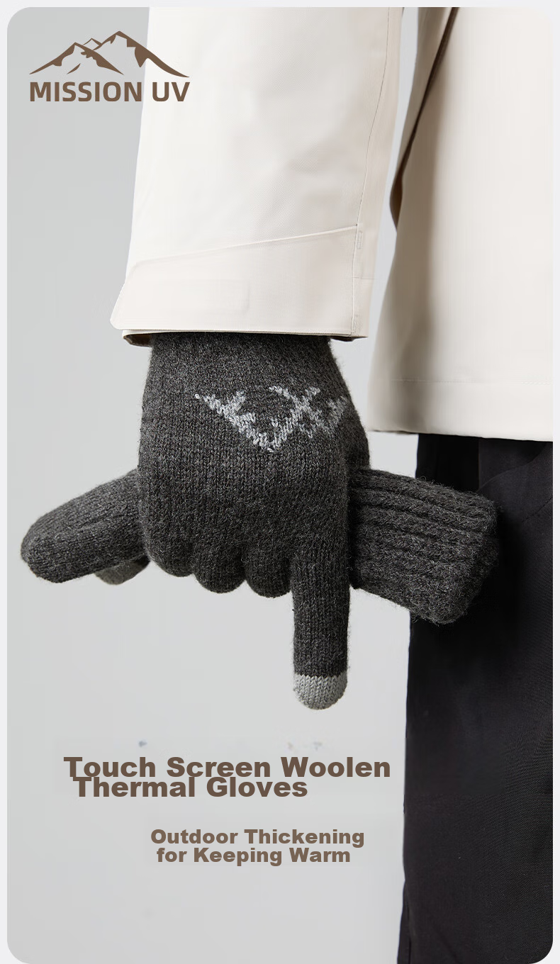 MISSION UV Sheepskin Warm Gloves for Men, Thick Winter Autumn Outdoor Cycling Driving Anti-Cold Touchscreen Compatible Knitted Gloves 1