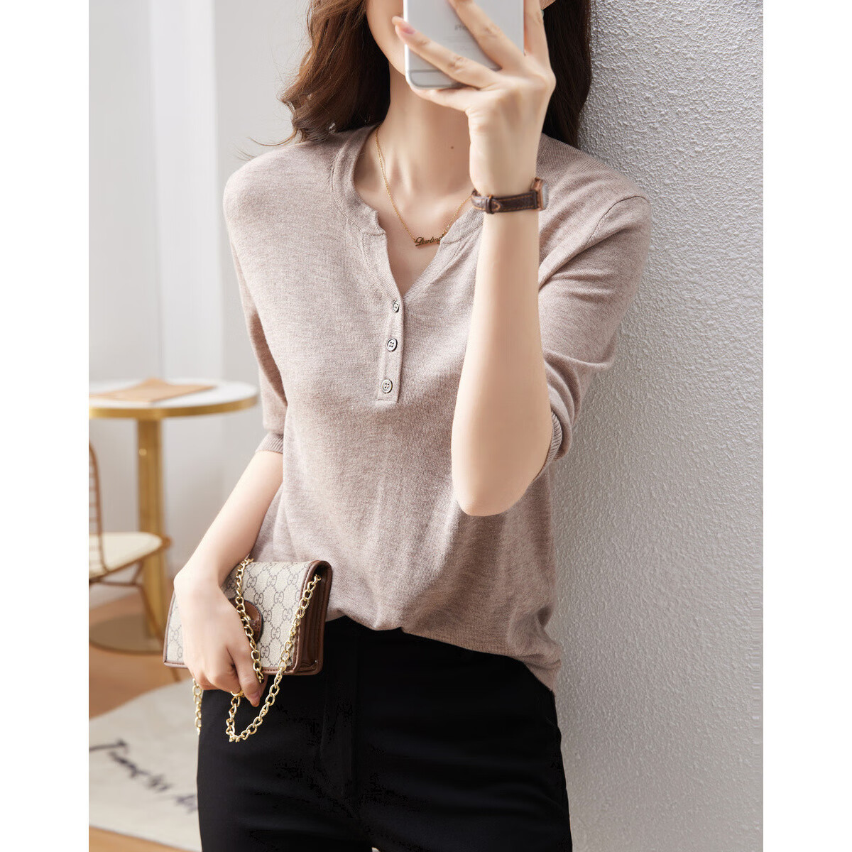 Dme Wool Blend Five-Quarter Sleeve Sweater, Spring And Autumn Half-Open Collar Mid-Sleeve Single-Breasted Knit Top for Wome