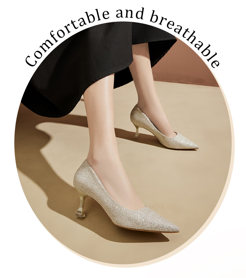 DAPHNE Women's High Heels, Pointed Toe, Stiletto, Shallow Mouth, Single Shoes, Fairy Style, Elegant Heightening Wedding Party Shoes, Champagne Color, Size 34 7