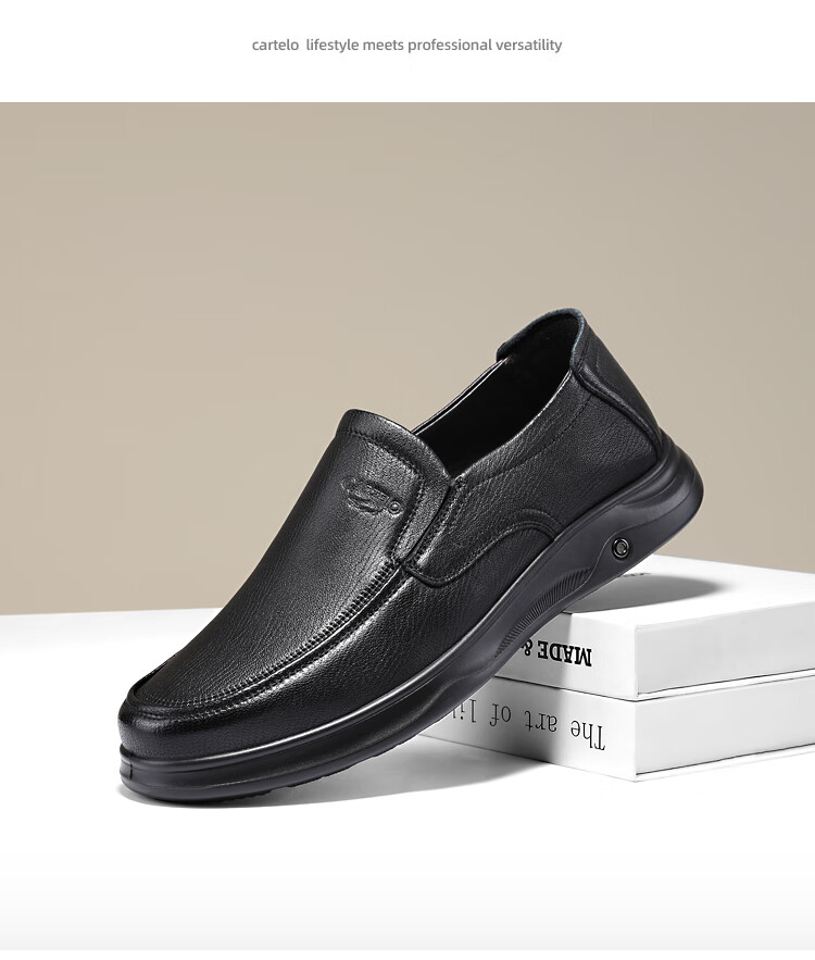 CARTELO Genuine Leather Men's Shoes, Business Casual Sports New Style, Autumn And Winter Soft Thick Sole Versatile Commuter Dad Shoes, Black Slip-O 46