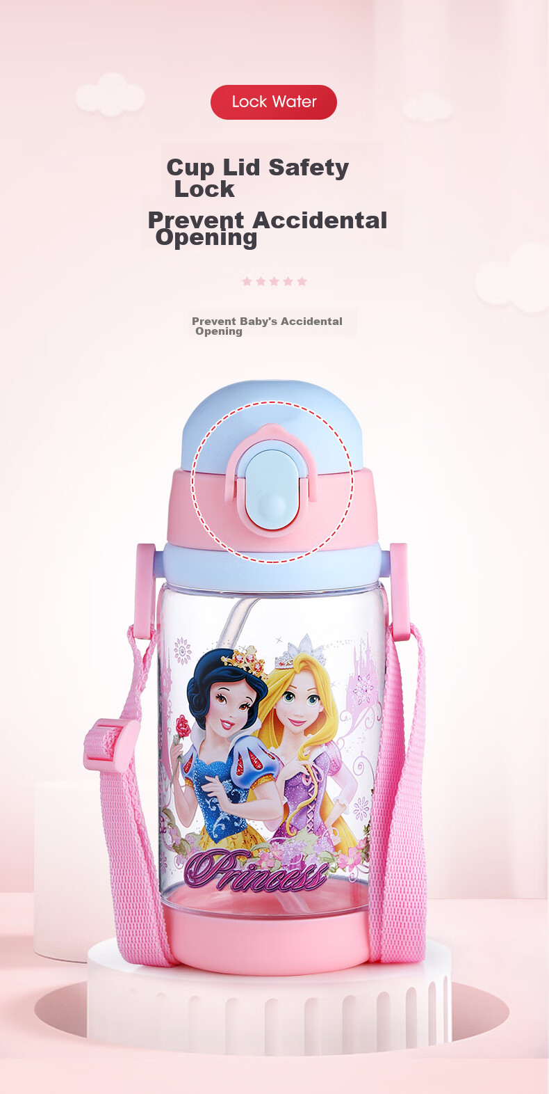 Disney Kids Water Bottle with Straw Large Capacity High Temperature Resistant Plastic Water Bottle Double Lid Drinking Cup for Boys and Girls Elementary Students 8