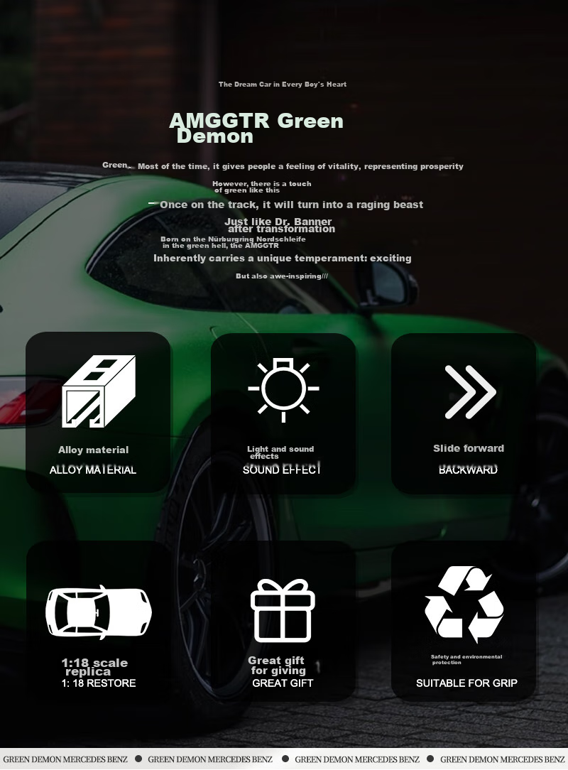 Heimanba 1:18 Mercedes-Benz AMG Green Monster GTR Car Model Display, Sports Car Metal Model Alloy Sound And Light Children's Toy, Gree 2