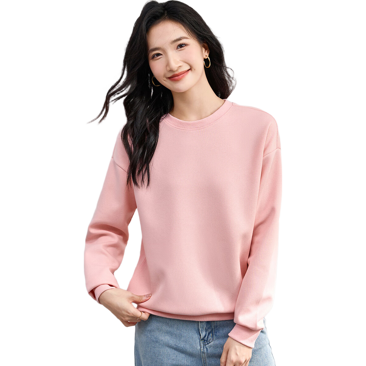 Jeanswest Round Neck Sweatshirt for Women, Spring/summer 2026, Petite Loose Fit Simple Versatile Long Sleeve Women's Top, Pink, Size L