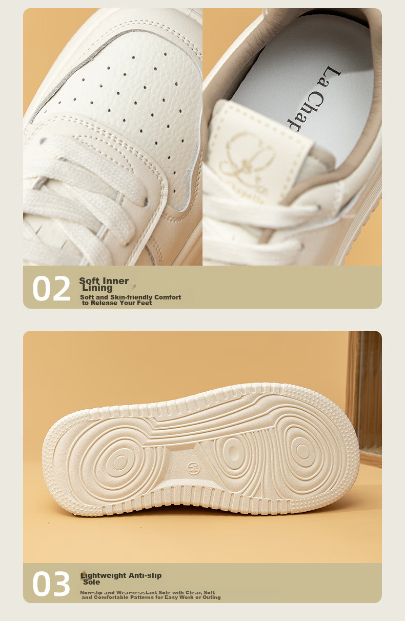La Chapelle Women's Sneakers, Thick-Soled Versatile White Shoes, Low-Top Casual Sports Shoes for Women-W7059, White And Black, Size 38 5