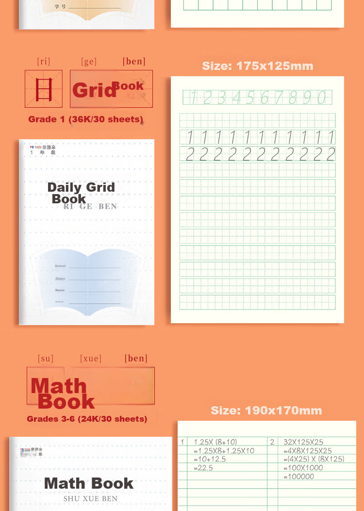 Yuhe Grade 3-6 English Notebook, Phoenix Jiangsu Province Primary School Student Exercise Book, Soft Copy Notebook, Back-To Stationery, 24K/24 Sheets/10 Books Set, 5115 12