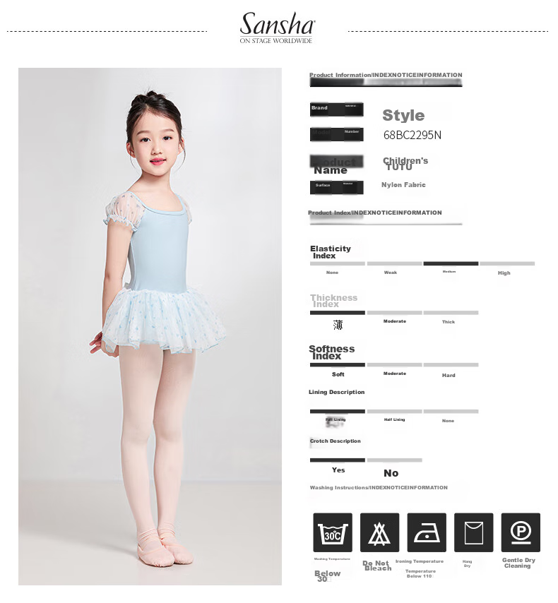 Sansha Children's Dance Tutu, Ballet Leotard for Girls, Heart-Shaped Puff Sleeve Performance Dress with Open Crotch, White, Size M 2