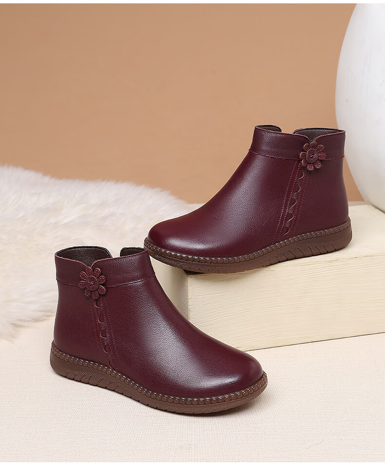 Red Dragonfly Women's Mid-Aged and Elderly Mom Boots, Fleece-Lined Warm Handmade Cowhide Soft Leather Ankle Boots WLC435221R 7