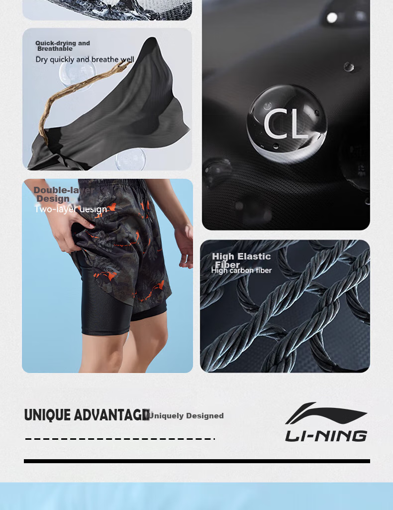 Li-Ning Swimming Trunks for Men, Anti-Embarrassment Knee-Length Double-Layer Swim Shorts, Comfortable High-Elasticity Water And Land Dual-Use Beach Shorts, 330 Black-Green XXL 4