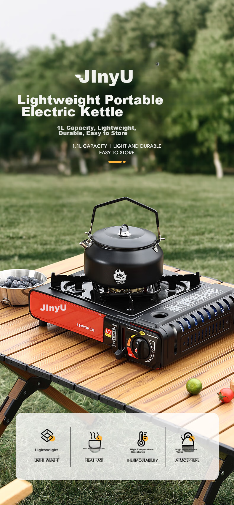 Jinyu Outdoor Kettle, Camping Water Kettle, Picnic Equipment, Stainless Steel Tea Pot, Portable Stove, Camping Water Boiler 1