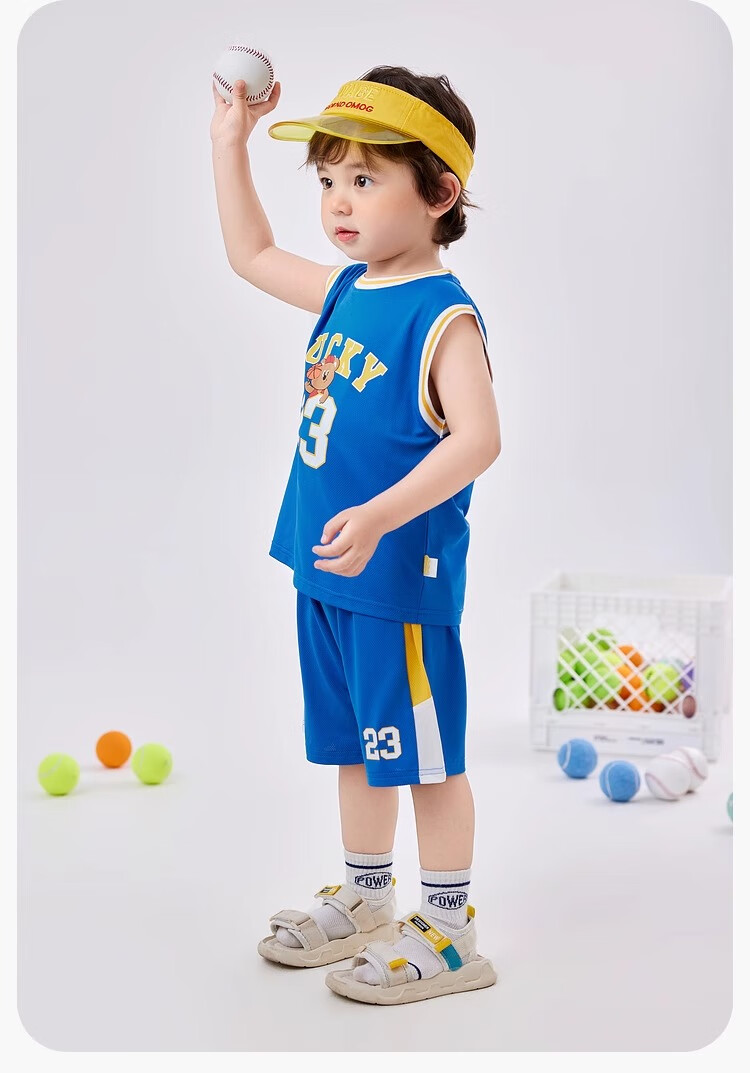 Dudujia Baby Quick-Dry T-Shirt Set, Summer Boys' Basketball Outfit, Stylish Children's Short-Sleeve Shorts Two-Piece Set, Blue, Size 100 6