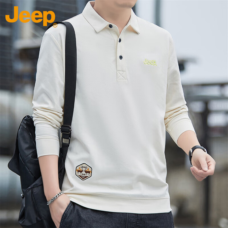 JEEP Men's Long-Sleeve T-Shirt, Spring And Autumn Polo, Loose Casual Undershirt, Men's Clothing, Apricot Color, XL Size