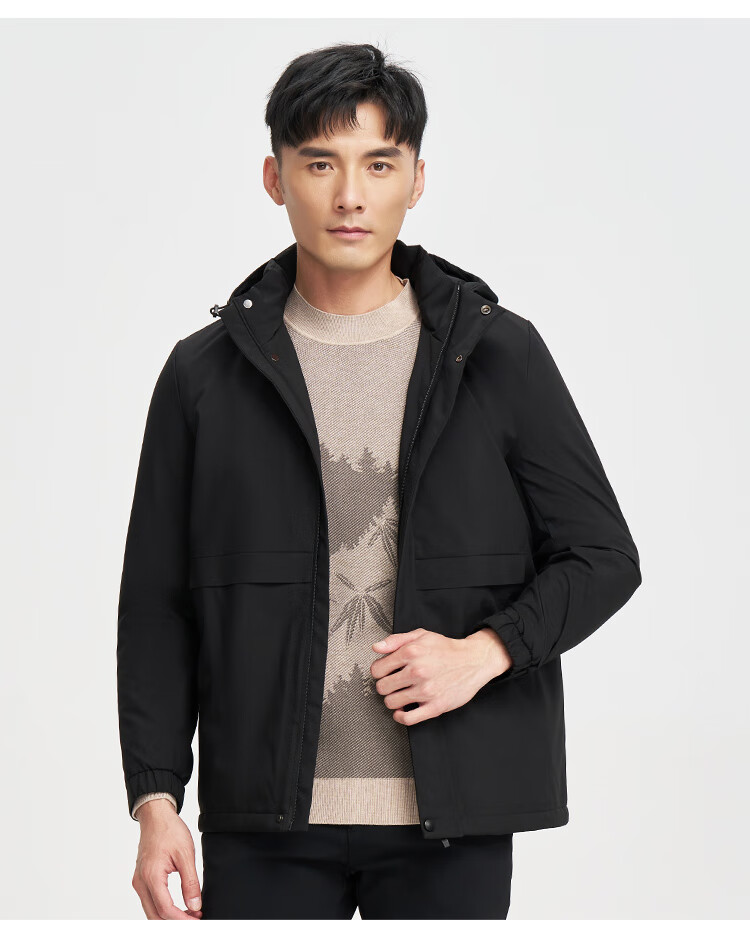 TRIES Men's Fleece-Lined Hooded Jacket Autumn Winter Windproof Solid Color Fashion Warm Outerwear 2