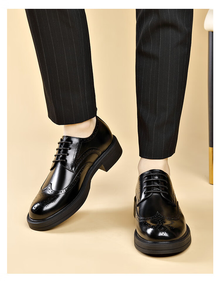 St&Sat Men's Shoes, Top-Layer Cowhide Business Formal Leather Shoes, British Style Men's Brogue Casual Leather Shoes, Black, Size 42 3