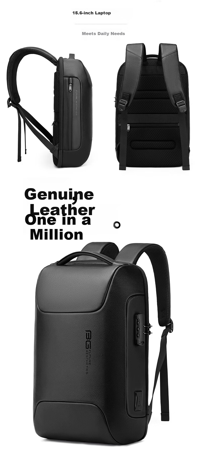 Bange Genuine Leather Backpack for Men, Simple Business Style, 15.6-Inch Laptop Bag, Travel Bag, 520 Gift, 6622 Black 14