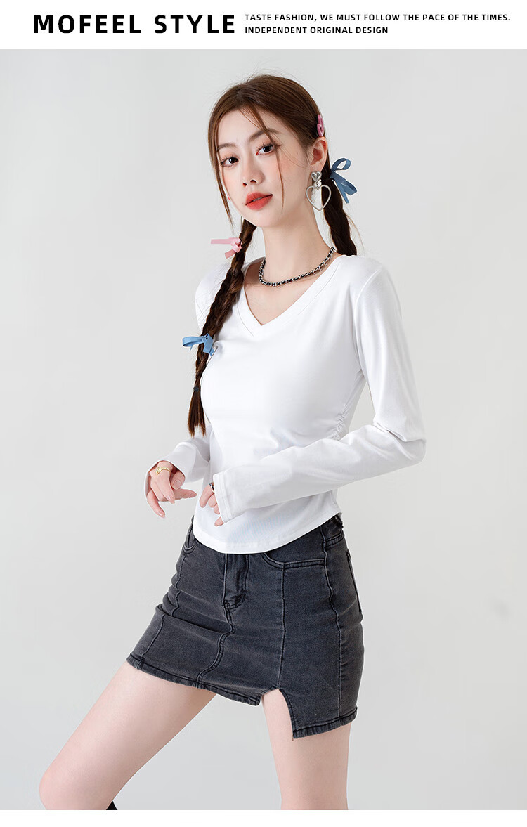 NOME Long-Sleeve T-Shirt for Women, Spring V-Neck Wrinkled Undershirt, Slim Fit Regular Shoulder Base Layer, Black, XL 8