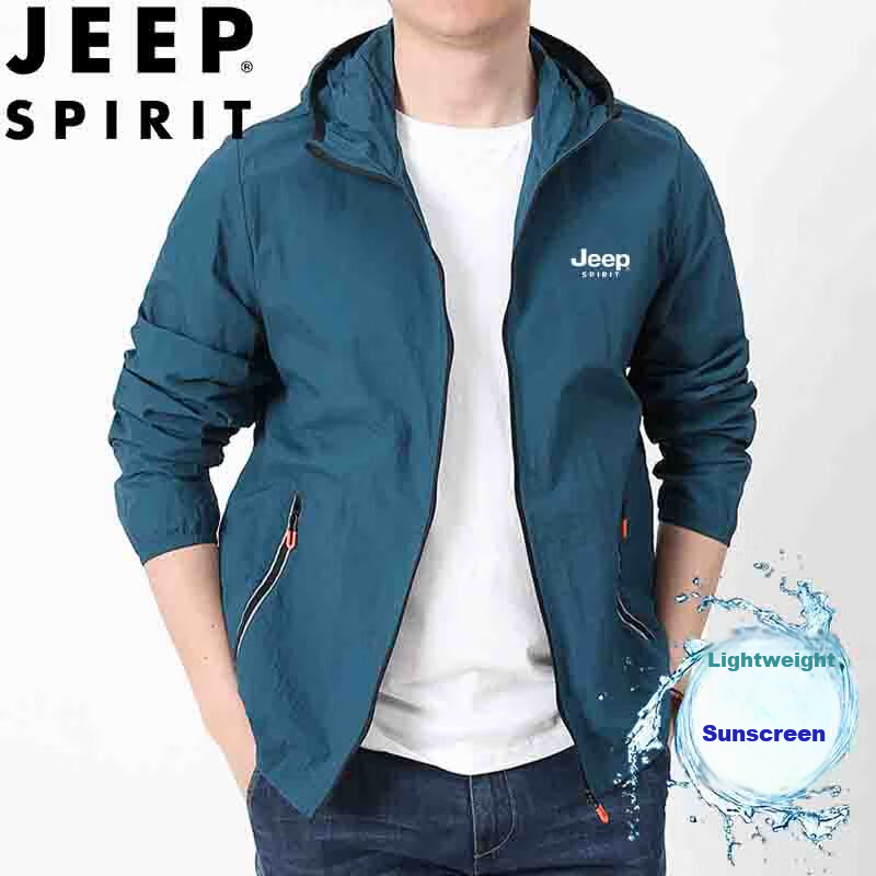 JEEP SPIRIT Men's Sun Protection Hoodie, Summer Outdoor Sports Skin Coat, Casual Jacket, Fishing Wear, Denim Blue, 5XL
