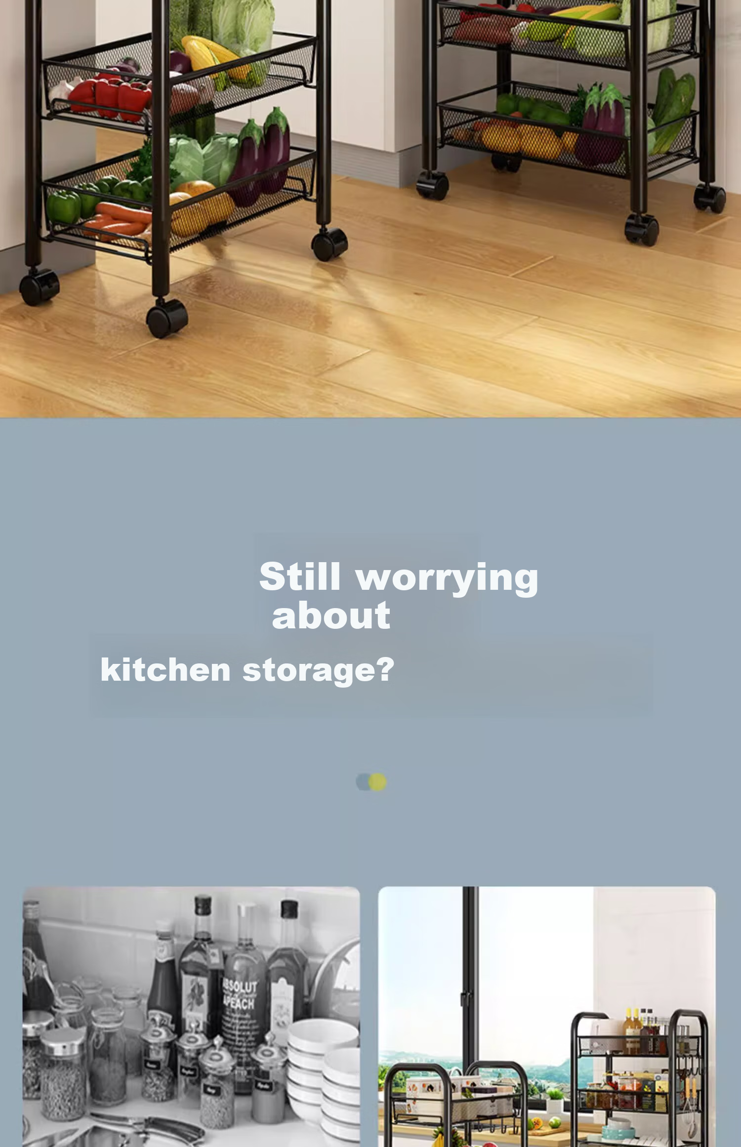 Jiuqiangu Multifunctional Kitchen Storage Rack, Floor-Standing Organizer, Mobile Storage Cart, Vegetable Shelf, Snack Rack 5694 2