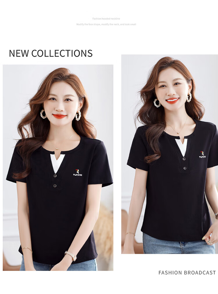 Woodpecker Women's Short Sleeve V-Neck Cotton T-Shirt, Summer Colorblock Slim Fit Plus Size 4XL, Red 8