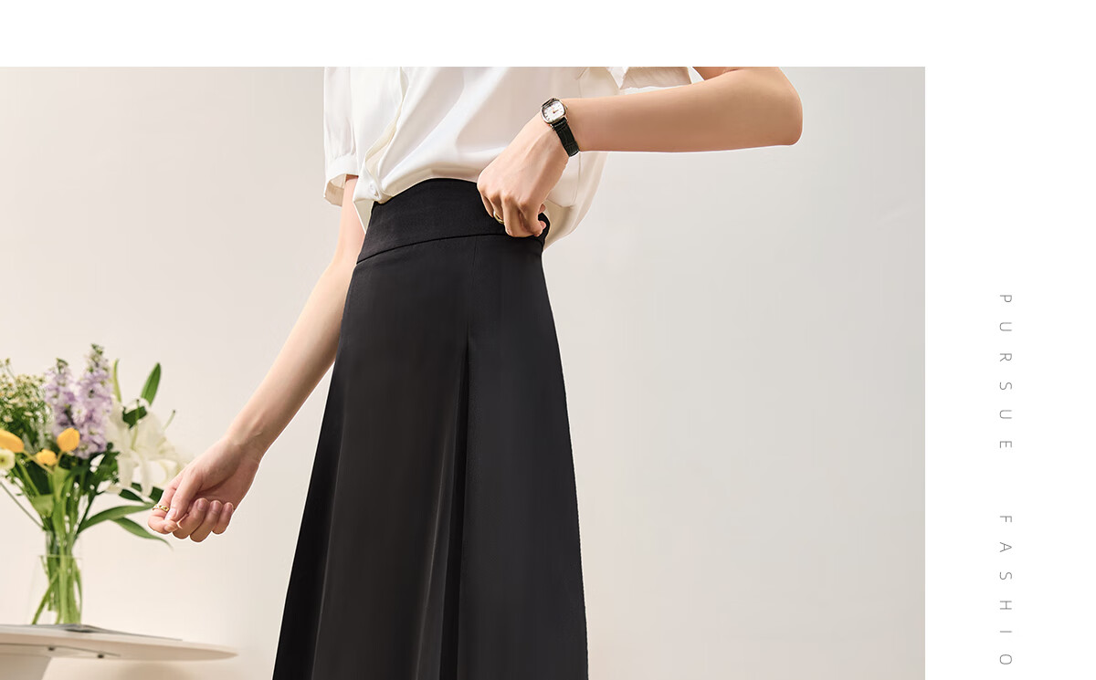 Chushen Spring And Autumn Midi Skirt for Women, Professional Commute OL Style, Black Mid-Length Draping High-Waist A-Line Flared Skirt S13JB2806 15