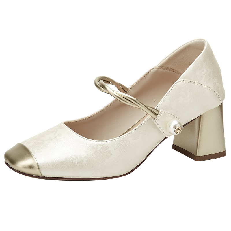 DAPHNE Chunky Heel Pumps for Women, National Trend Style Chinese Elegant Bridesmaid High Heels to Match Dresses Mary Jane Shoes Beige Size 34