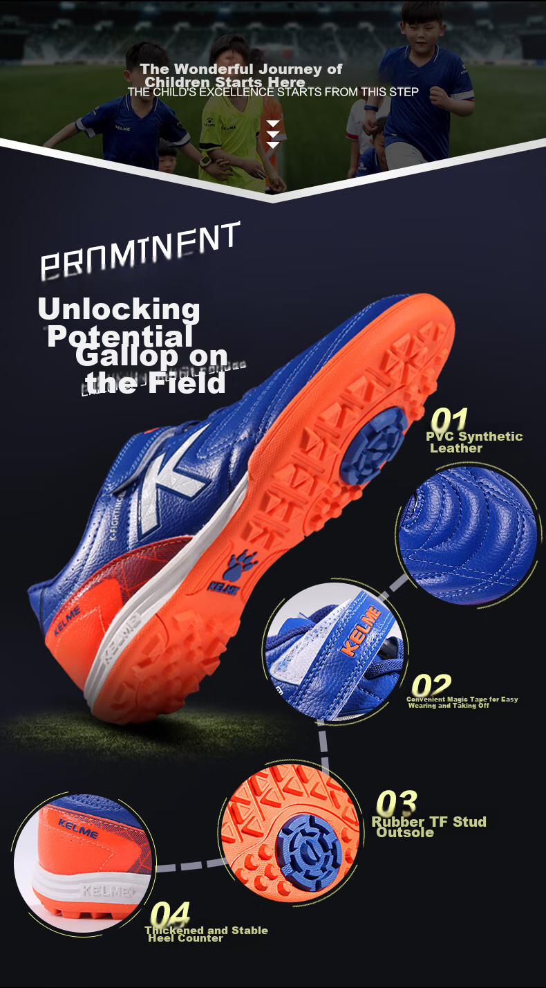 KELME Soccer Shoes, Youth TF Turf Cleats, Competition Student Non-Slip Wear-Resistant Football Boots for Men, Royal Blue/orange, Size 36 4