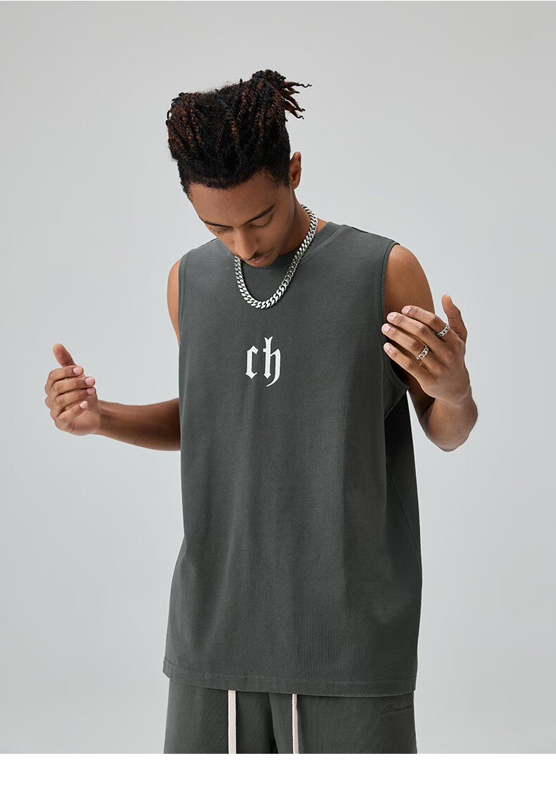 CHINISM CH Men's Vest, American-Style Pure Cotton, Casual High Street Wear, Loose-Fitting Letter Print, Breathable Sleeveless Top, CD2222T1021 18
