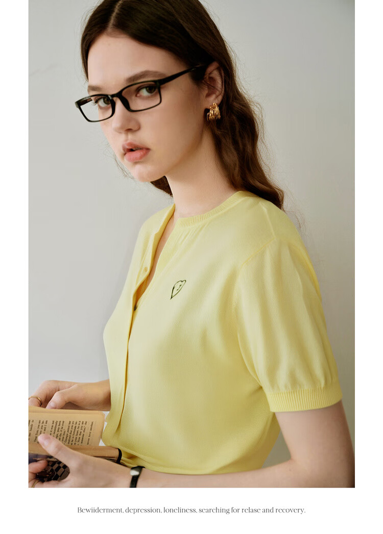 Olrain Heart Embroidered Knit Cardigan Women's Summer V-Neck Short Sleeve Top Yellow XL 14