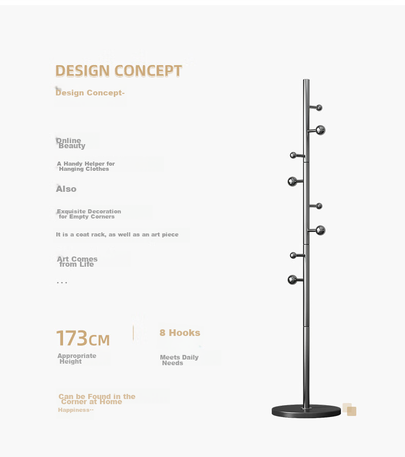 Milin Coat Rack, Floor-Standing Bedroom Clothes Hanger, Garment Stand Pole, Home Use Bag Rack, Stainless Steel Base with Branch Desig 3