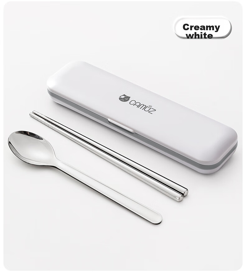 CAMUZ Food-Grade 316 Stainless Steel Portable Cutlery Set with Chopsticks And Spoon for Students And Office Workers, Single-Person Dining Set with Utensil Box, White 4