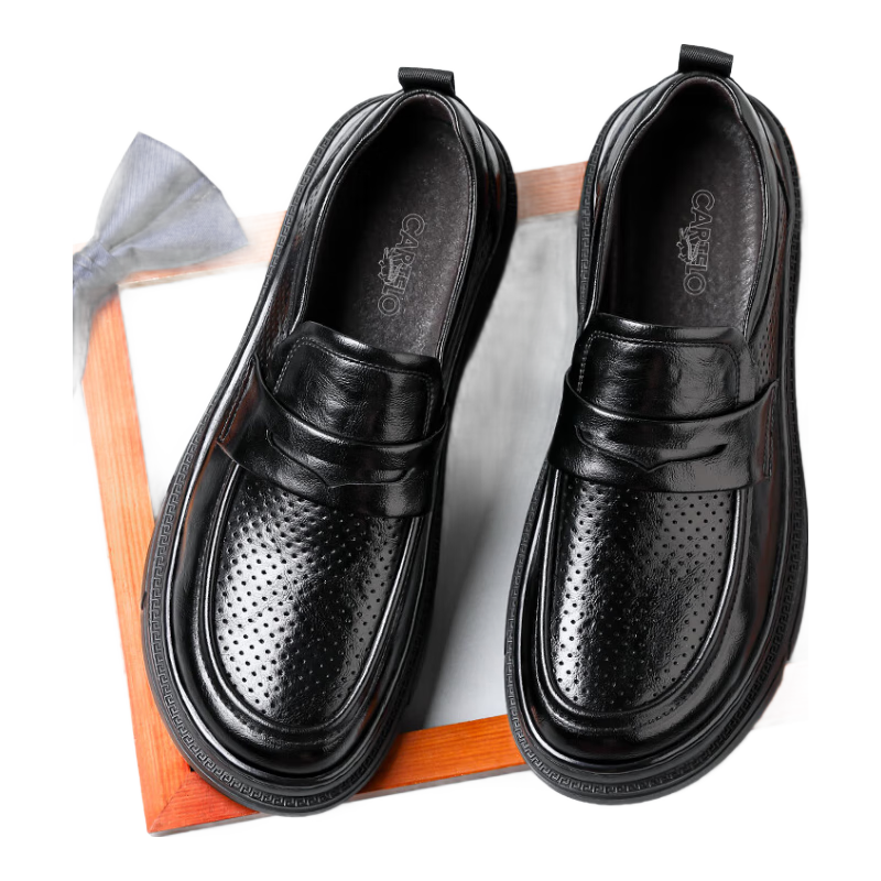 CARTELO Men's Slip-On Casual Leather Shoes with Thick Soles, Hand-Scratched Texture, Wrinkle-Resistant Design, Men's Loafers 9913 Hollow-Out Style Size 42