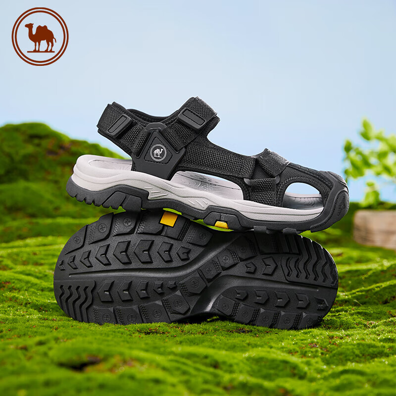 CAMEL Brand, Hollow Breathable Closed-Toe Outdoor Beach Casual Velcro Men's Sandals P14M307605, Black, Size 43