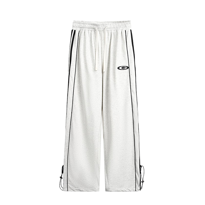 GOLFCROSS Couple's Style Side Contrast Striped Tape Loose Straight-Leg Floor-Length Draping Casual Pants, White Floral Gray, XXL