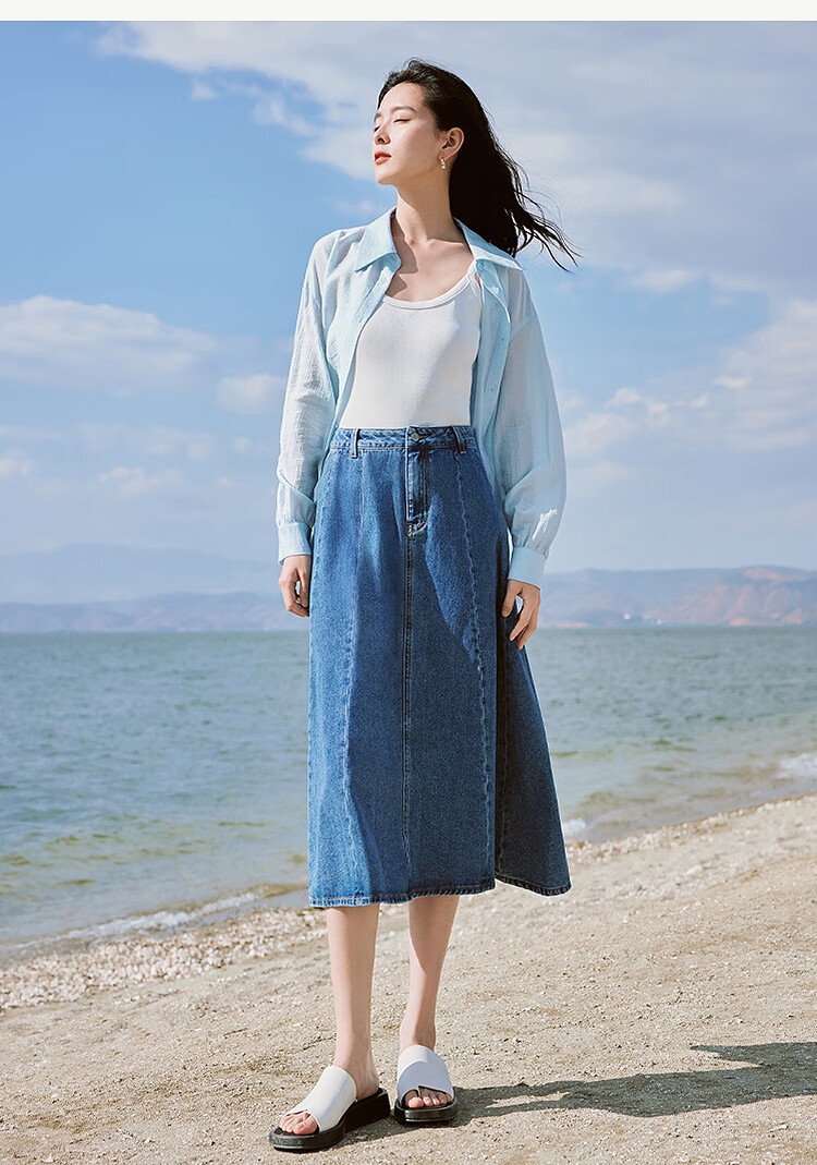 Inman French Style Denim Half Skirt for Women Summer Retro Mid-High Waist Premium A-Line Skirt Light Denim L 9