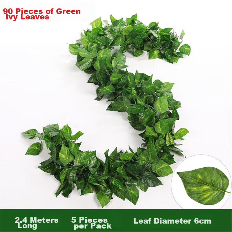 Shengshitaibao Artificial Pothos Vine, Fake Green Plant, Pipe Cover Decoration, Artificial Flowers, Realistic Green Leaves, Leafy Vines, 90 Leaves, 5 Pieces Per Pack