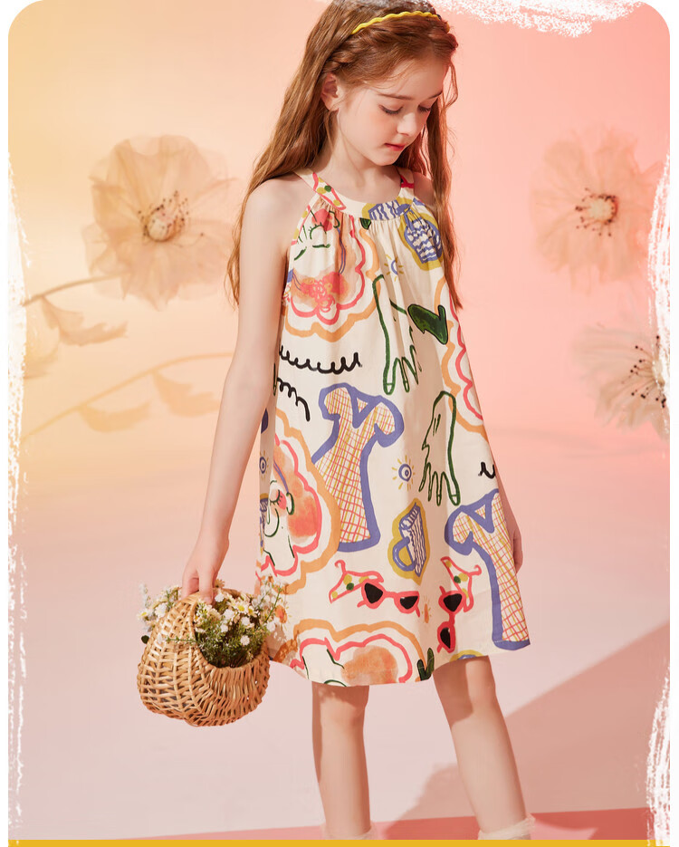 ASK JUNIOR Girls' Summer Dress, Children's Graffiti Spaghetti Strap Princess Dress, Beach Vacation Style 4