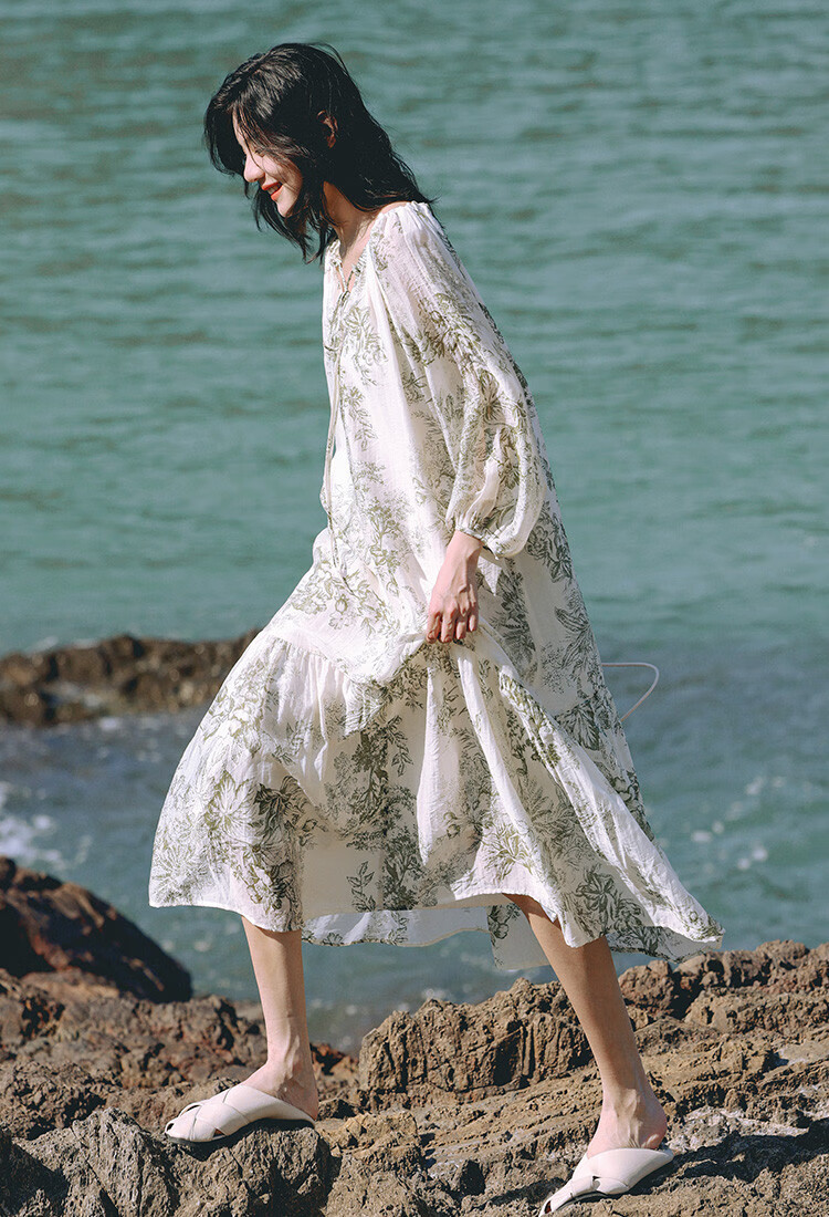 Dme Elegant Floral Print Long Dress, Artistic Ink Painting Design, Slimming One-Piece Dress, Floral Print, Size S 4