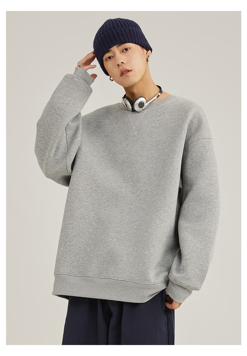 JEANSWEST LIFE Men's Hoodless Sweatshirt, Loose-Fitting Base Layer Jacket for Spring And Autumn, Triangular Design, Heavyweight Round Neck Top for Me 14