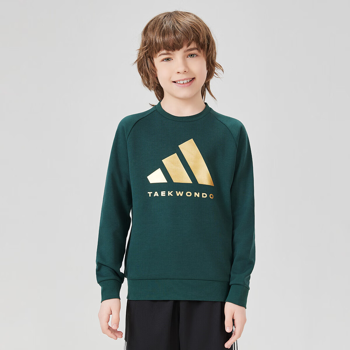 Adidas Autumn Children's Crew Neck Sports Sweatshirt, Green/gold, Size 140