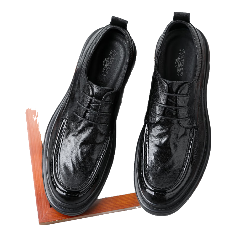 CARTELO Top-Grain Leather Men's Shoes, Thick-Soled Casual Leather Shoes for Men, Hand-Scratched Pattern, Wrinkle-Resistant Men's Leather Shoes 9710, Black, Size 40