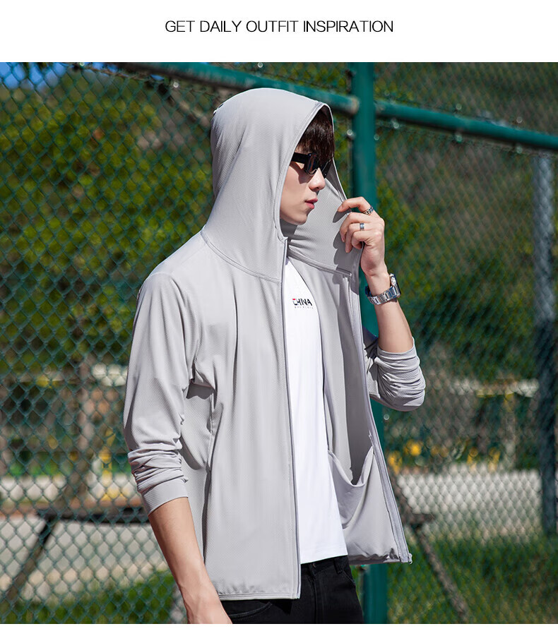 Huili Sun Protection Jacket for Men, Summer Hooded Sun-Blocking Ice-Cool Breathable UV-Resistant Outdoor Top for Men, Gray, Size L 4
