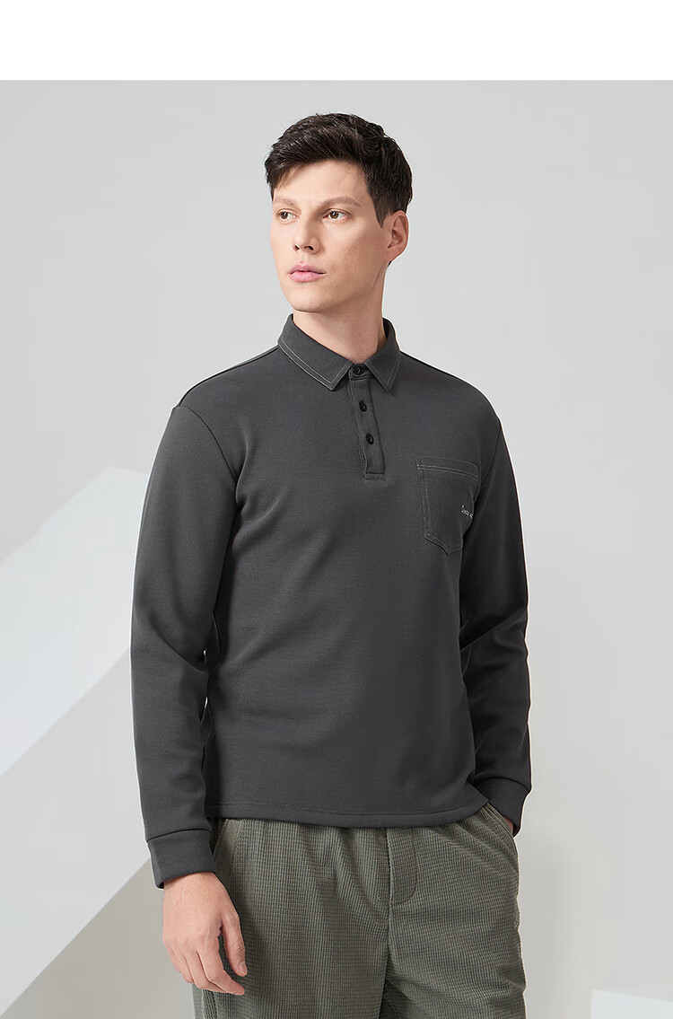 DANCING WOLVES [Fleece-Lined for Warmth] Autumn And Winter Fashionable Stitched Design Men's Long-Sleeve POLO Shirt, 001 Black, Size 175 13