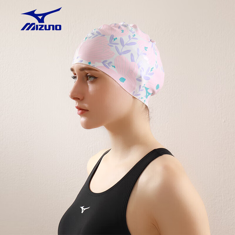 Шапочка для плавания MIZUNO, унисекс, с защитой ушей, силиконовая, для длинных волос, размер L, рисунок "Цветочная ветвь"